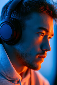 Close up portrait of a focused young man with black gaming headphones in vibrant neon illumination.