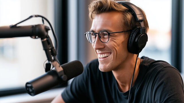 Smiling male podcaster in glasses and headphones speaking into a microphone in a studio.