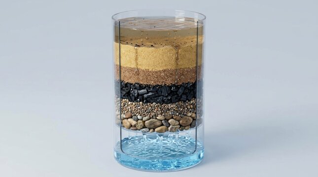 A cross-section of a soil sample with layers of sand, silt, and clay.