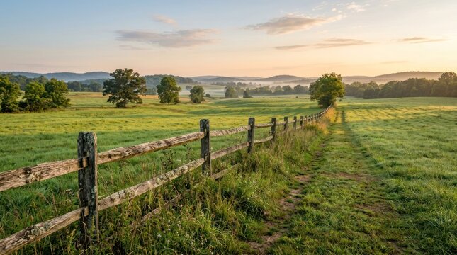 A serene, green meadow with a wooden fence and a dirt path leading into the distance, under a clear blue sky with scattered clouds.