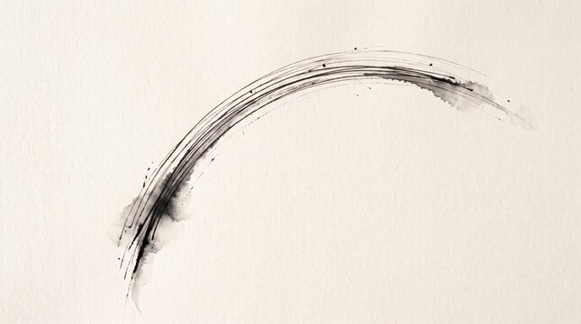 Abstract black ink brush stroke arc on textured white paper background.