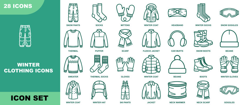 Winter clothing line icons set with snow pants, socks, mittens, winter coat, headband, winter socks, snow goggles, thermal, puffer, scarf, fleece jacket, ear muffs, snow boots