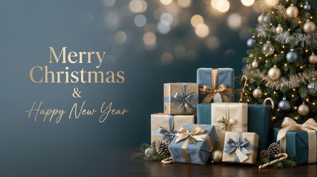 Christmas tree with wrapped gifts during festive celebration with bokeh lights