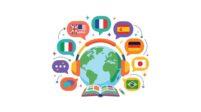 Globe surrounded by national flags and speech bubbles vector illustration
