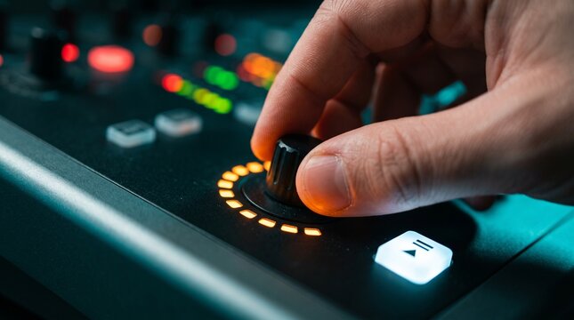 Hand Adjusting Audio Mixing Console with Glowing Orange Volume Knob and Controls