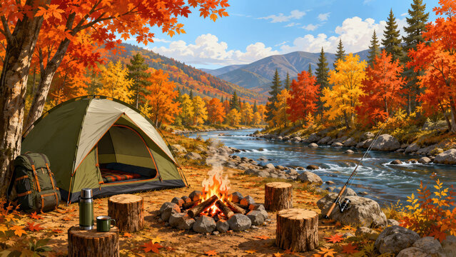 Riverside autumn camping scene with tent, campfire, fishing rod, backpack and colorful fall foliage by mountains