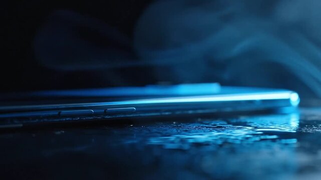 Smartphone on a wet surface with moody blue smoke swirling around it, highlighting modern design, technology, and sleek device features in a dramatic setting