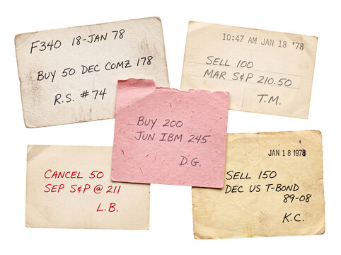 Vintage stock market trading tickets showing buy and sell order slips from 1978 stock exchange floor, retro financial paper receipts, investment history, retro trading orders on black background