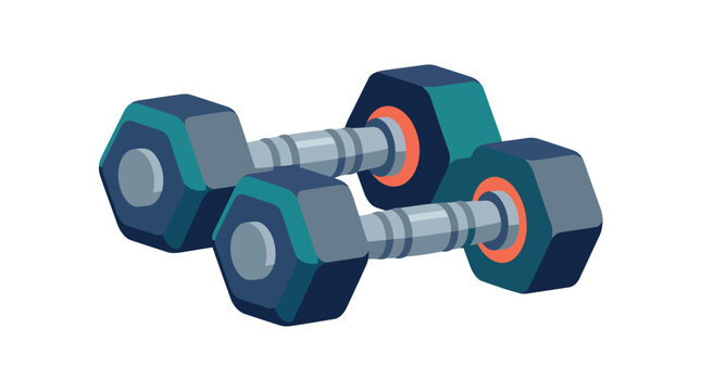 Two hexagonal dumbbells rest against a white background depicted in a vector style