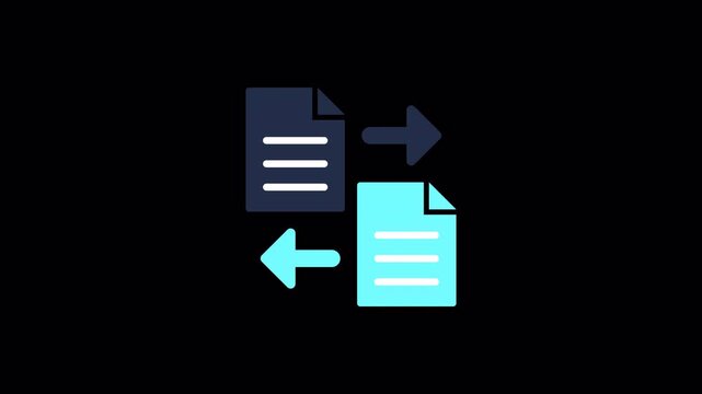 Cyan file document exchange icon featuring diagonal shine animation for data transfer software applications, high quality video footage transfer, shine, document, file, sync