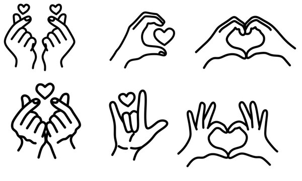 Minimalist line art set of hand gestures making heart signs and love symbols