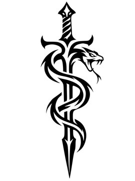 Black tribal tattoo design featuring a sharp dagger wrapped with a coiled snake 