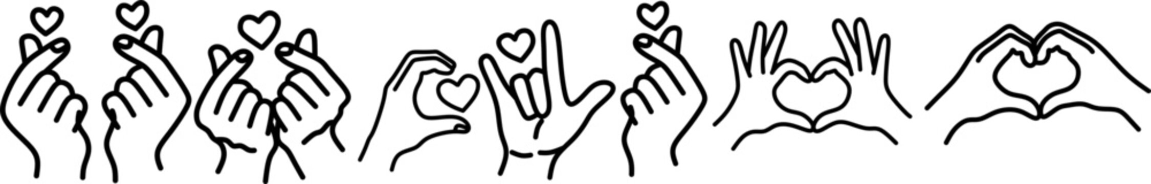 Horizontal collection of simple line art hand gestures showing finger hearts and love symbols in a row