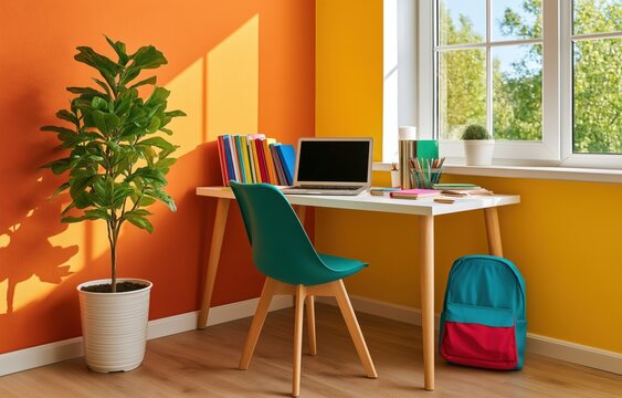 Bright home study corner for digital education and remote learning