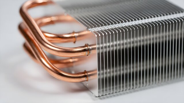 Shiny metallic computer processor cooling heatsink featuring bright orange copper heat pipes and silver aluminum cooling fins displayed in sharp macro photography focus against white