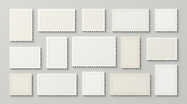Collectionrealistic blank postage stamp templates featuring white mail frames with perforated jagged edges and soft realistic shadow effect isolated on clear layout for correspondence design