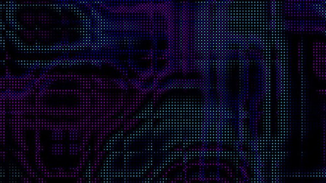 Animated abstract technology random dots and grid 4K on black background. Loop background. Led halftone and moire effect. Purple and