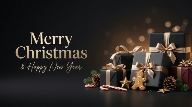 Elegant Christmas gifts with festive decorations during golden hour bokeh lighting concept