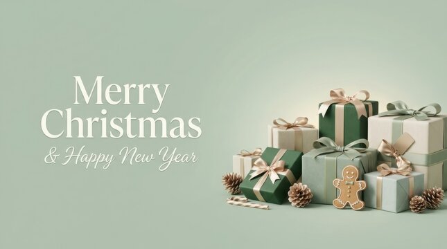 Christmas gifts stacked with pinecones and gingerbread cookies during soft studio lighting