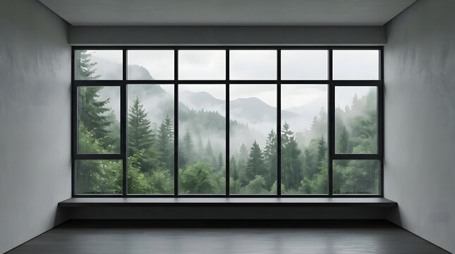 A spacious contemporary window beautifully frames a tranquil misty forest landscape offering a peaceful and serene outlook from within a minimalist room
