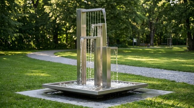 A contemporary stainless steel fountain displays beautifully cascading water within a vibrant lush green park setting on a wonderfully bright and sunny
