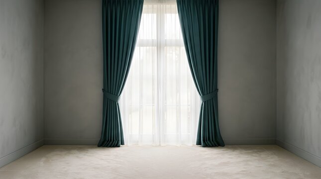 Elegant interior with long dark teal curtains framing a bright window providing soft natural light and a sense of serenity