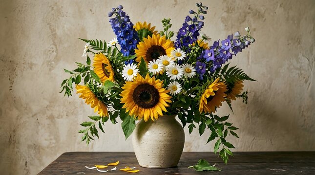 A vibrant and colorful bouquet of sunflowers delphinium and other wildflowers arranged in a rustic ceramic vase on a table