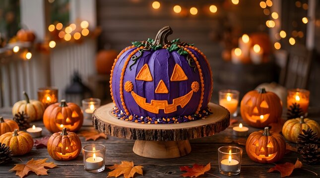 A stunningly decorated halloween pumpkin cake featuring intricately carved faces and the gentle glow of warm candlelight evokes a delightfully spooky autumn