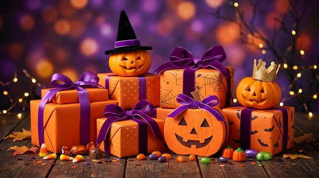 Beautiful festive halloween gifts and carved jack o lanterns are stacked together with elegant purple ribbons against a sparkling purple background