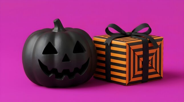 A spooky halloween celebration features a beautifully carved black pumpkin alongside a festive orange gift box set against a vibrant pink backdrop
