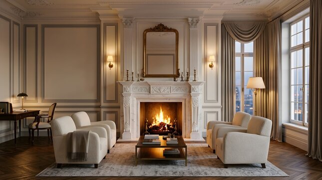 A beautifully designed elegant living room features a warm roaring fireplace with comfortable seating and stunning classic architectural details inside a luxurious