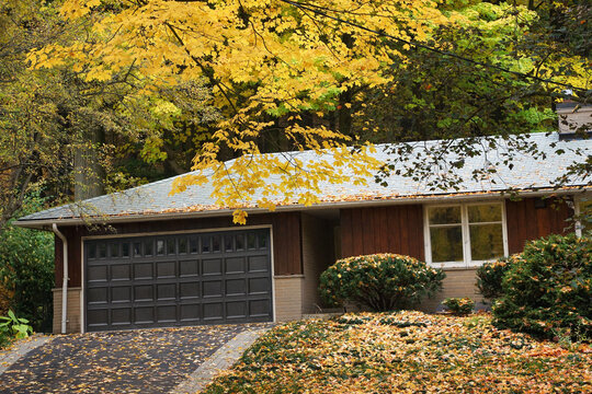 ranch bungalow style house with fall foliage