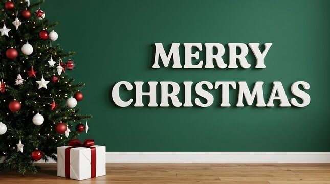 A beautifully decorated christmas tree stands next to large illuminated merry christmas text on a rich dark green interior wall