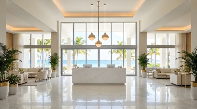 A bright and spacious hotel lobby interior with large windows and elegant furnishings creates a welcoming and luxurious atmosphere for guests arriving
