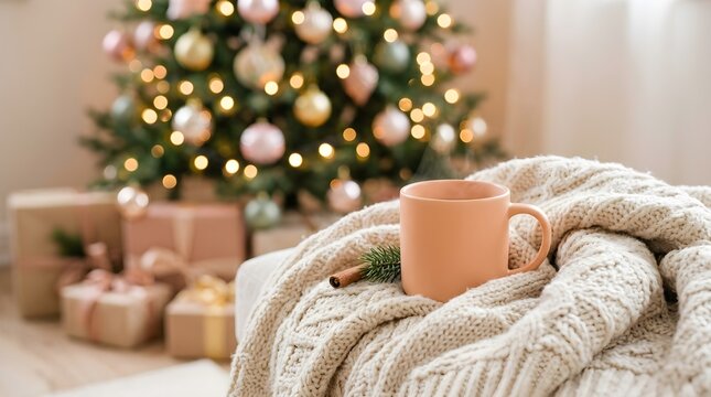 Warm and inviting winter atmosphere with a beautifully decorated christmas tree and a comforting warm beverage in a mug resting on a