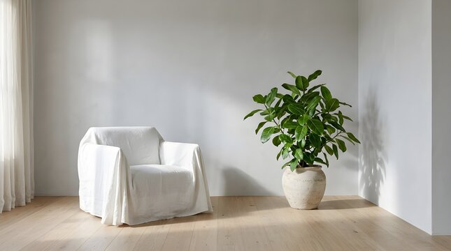 A bright minimalist interior features a cozy comfortable armchair and a vibrant lush green plant illuminated by gentle soft natural light creating