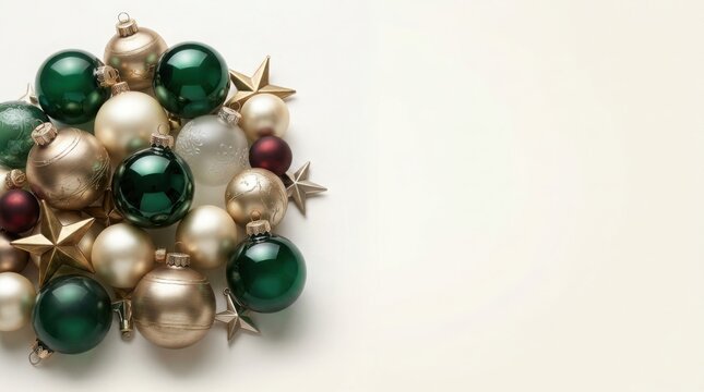 Festive Christmas ornaments and stars scattered on a soft cream background with copy space