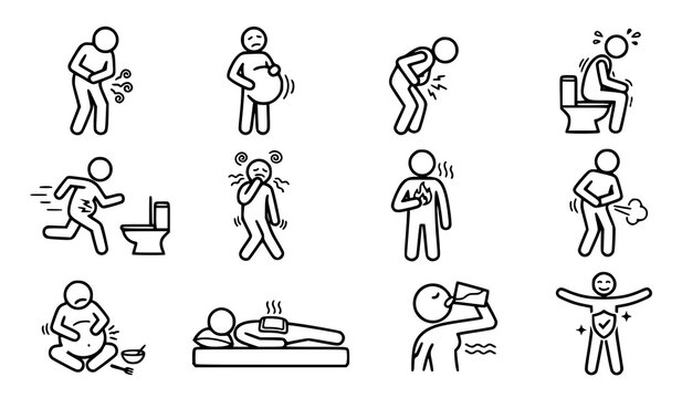 Stomach pain symptoms set including bloating nausea diarrhea heartburn indigestion constipation health problem vector icon