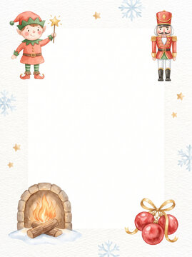 Watercolor Christmas frame with elf, nutcracker, fireplace, and ornaments. Festive border for holiday greeting cards and invitations.