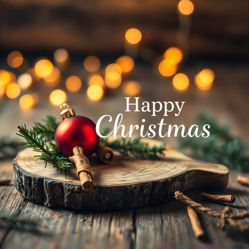 Happy Christmas commercial banner with pine sprig and cinnamon on rustic wood background