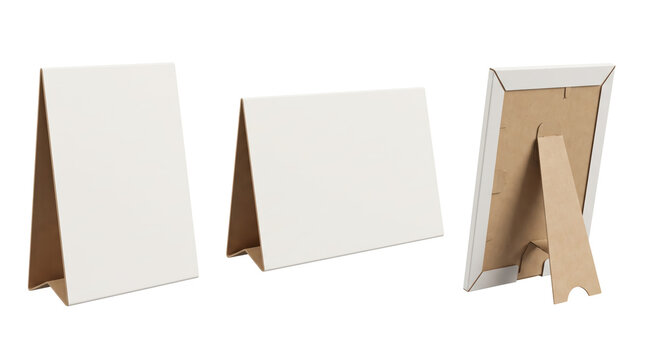 Three blank white cardboard table tent signs, standing in vertical and horizontal orientations with brown support stands on white background