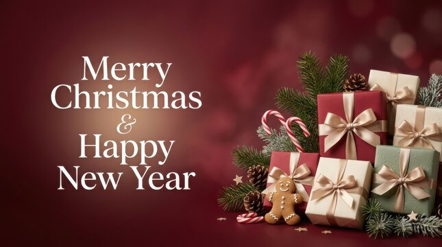 Festive Christmas presents with pine sprigs and candy canes during warm holiday lighting