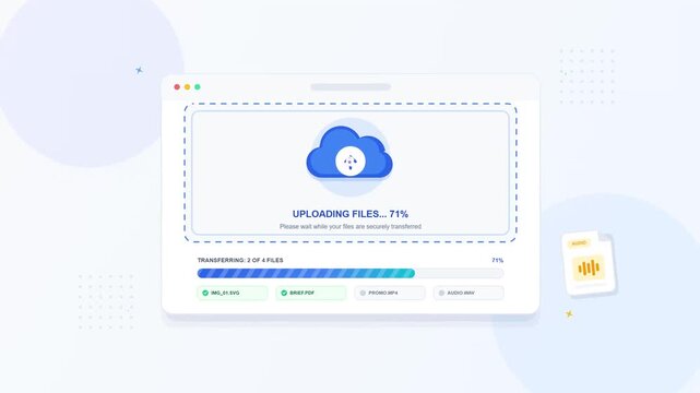 Sleek vector illustration showcasing a secure cloud file upload interface with an active progress bar, symbolizing efficient data transfer and digital document management