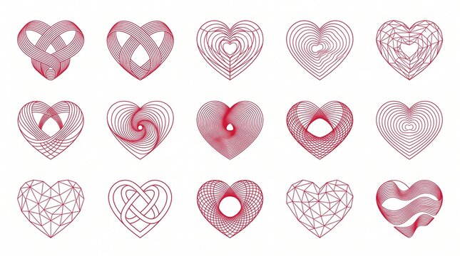 Set of red line art hearts geometric polygonal wireframe and spiral intertwined heart icons collection