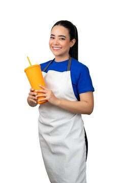 Woman server smiling and holding an orange cup with a straw, transparent background