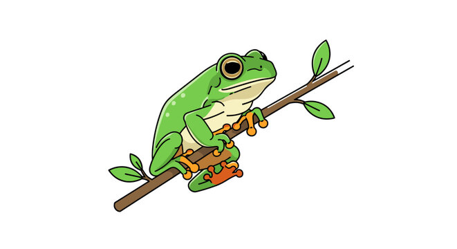 Cute green tree frog sitting on a tree branch vector illustration isolated on white background.