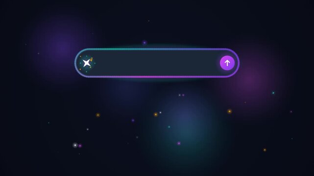 AI prompt search bar with aurora glow liquid background and generative output cards