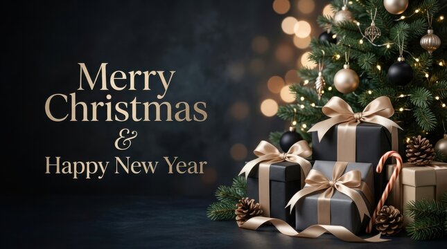 Elegant Christmas tree with gifts and bokeh lights for holiday greeting card