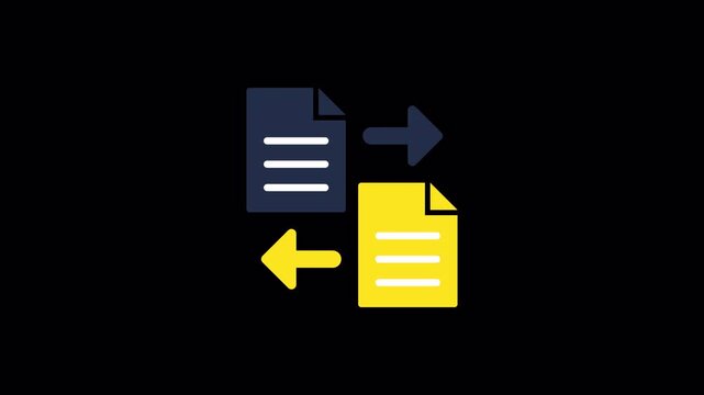 Yellow file document exchange icon featuring diagonal shine animation for data transfer software applications, high quality video footage transfer, shine, document, file, sync