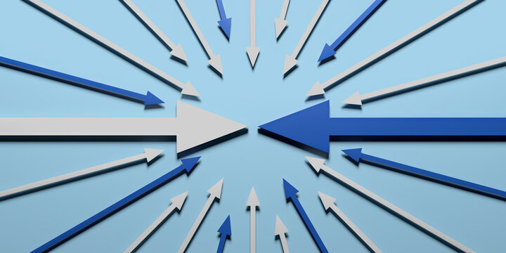Blue and white arrows converging toward center for teamwork strategy background and direction concept poster design
